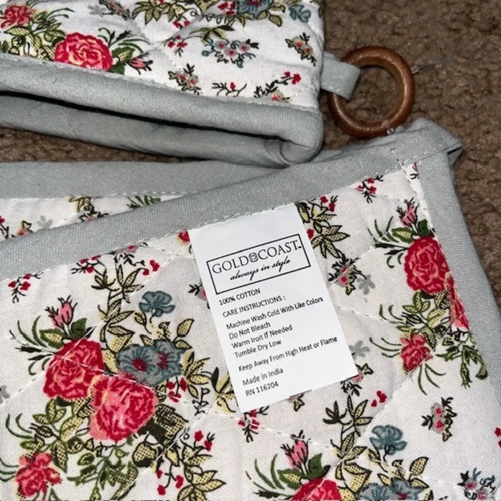 Gold Coast Floral Oven Mitt Pot Holder Set Quilted Rose Print Multicolor OS